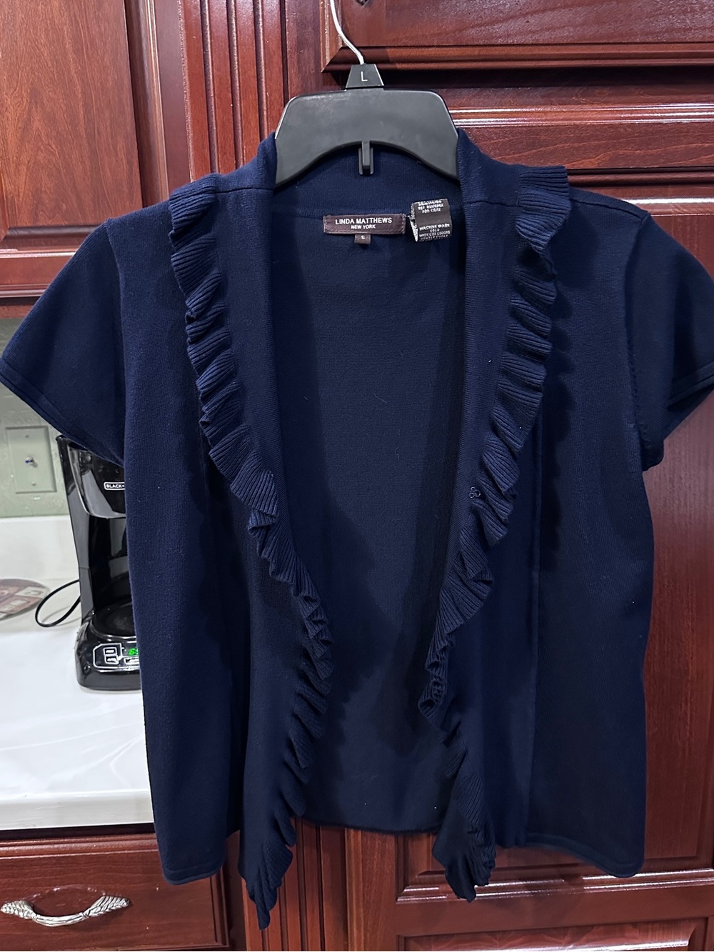 Linda Matthew's Navy Ruffle Open-Front cardigan
